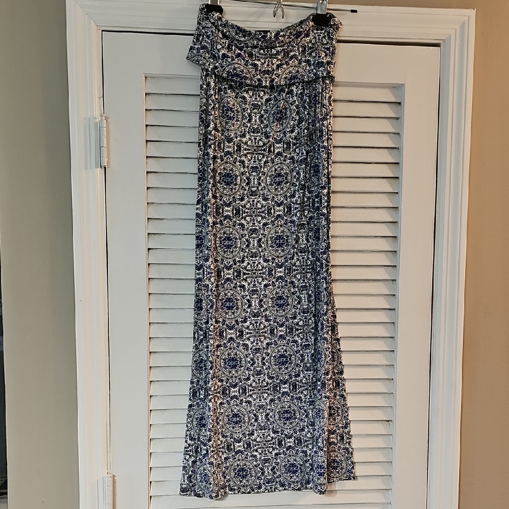 Blue and White Patterned Maxi Skirt